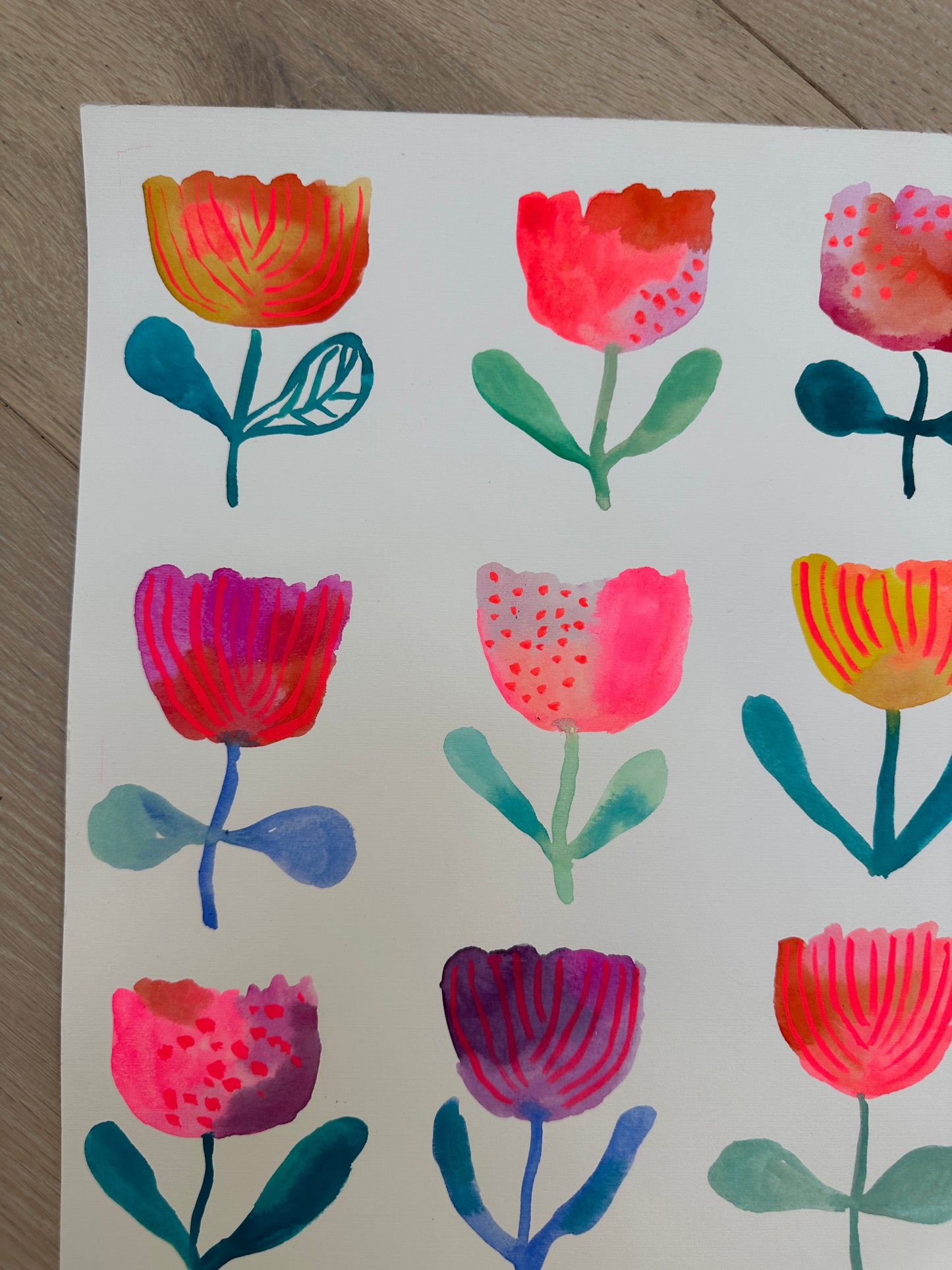 Flower grid original watercolor/gouache painting on paper 1