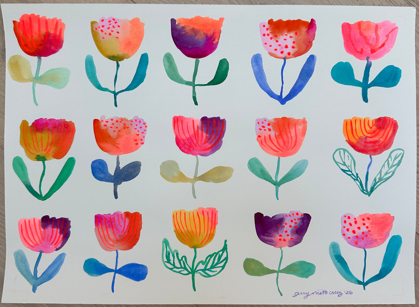 Flower grid original watercolor/gouache painting on paper 3