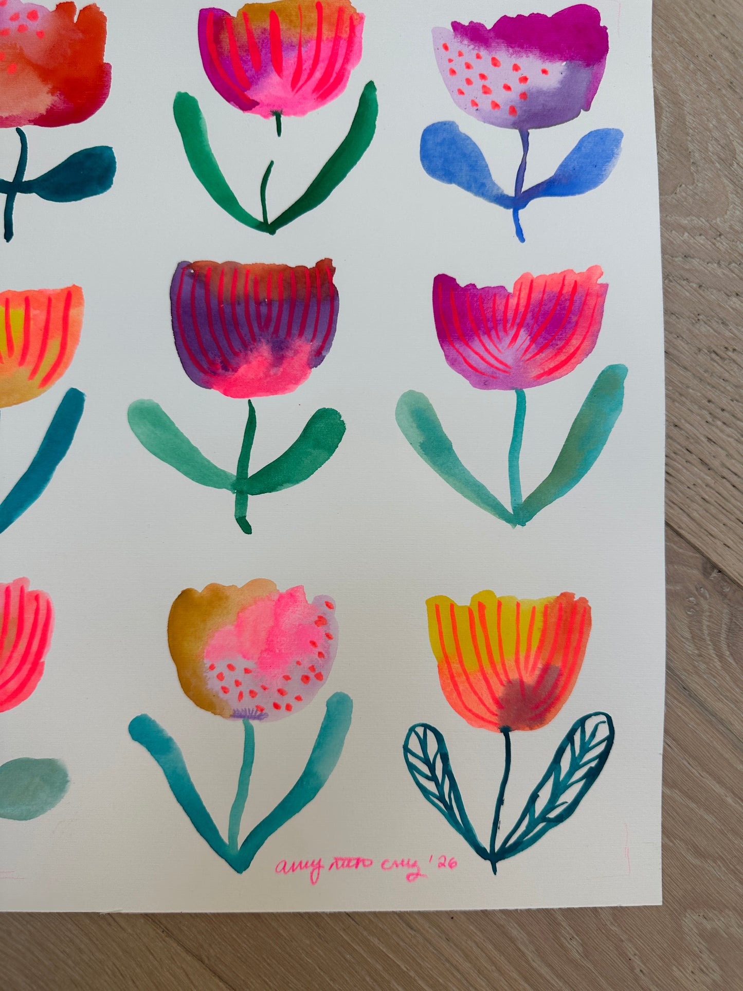 Flower grid original watercolor/gouache painting on paper 1