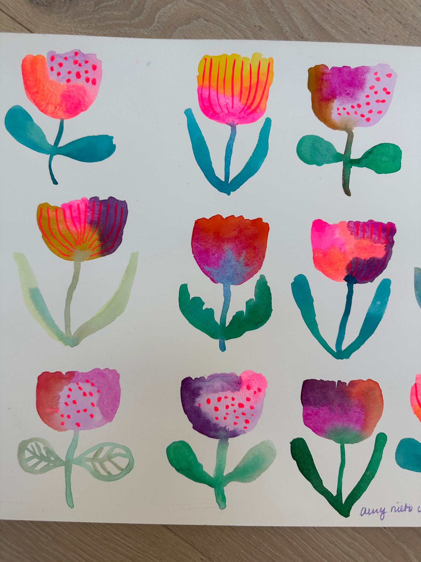 Flower grid original watercolor/gouache painting on paper 2