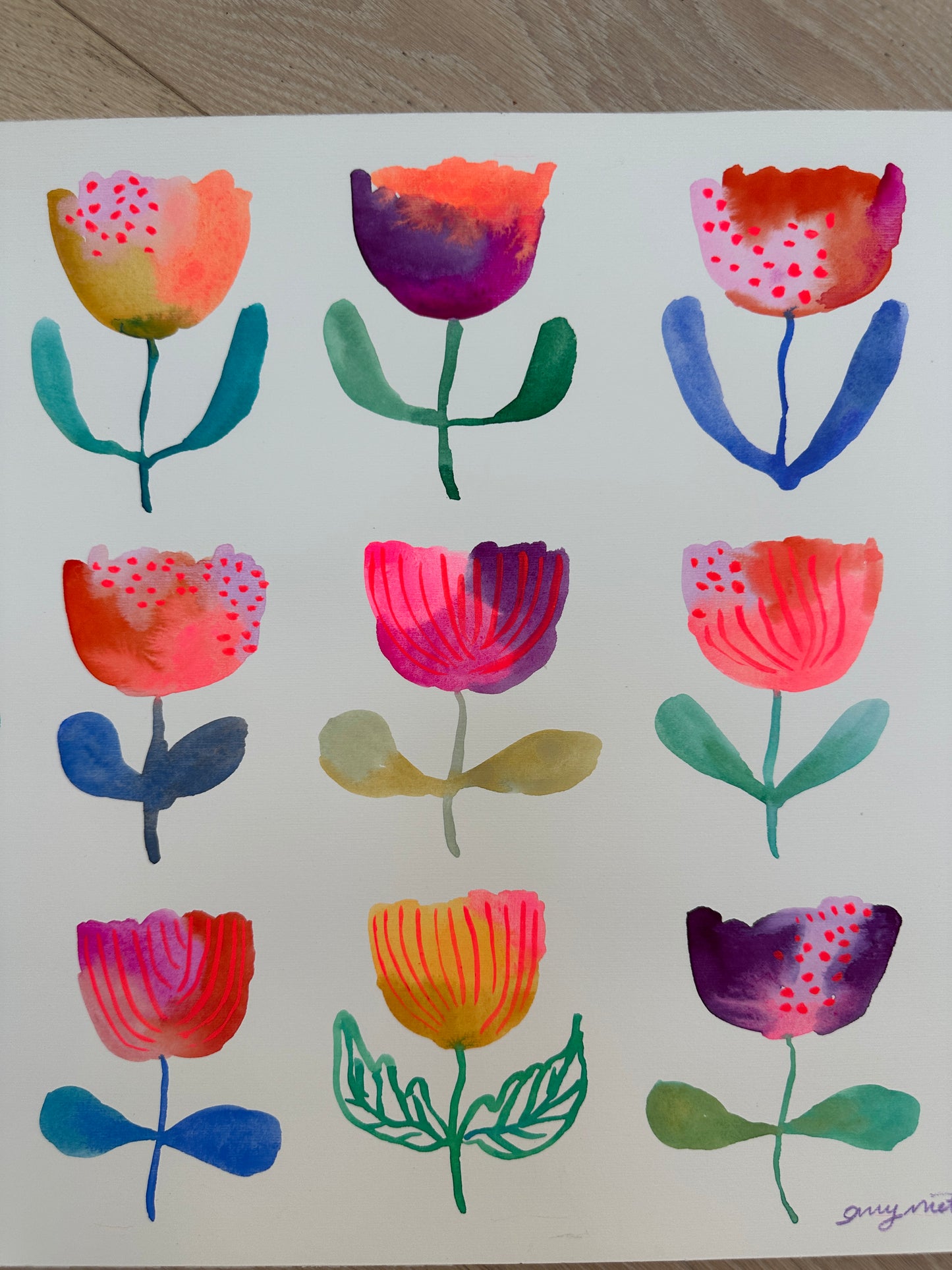 Flower grid original watercolor/gouache painting on paper 3