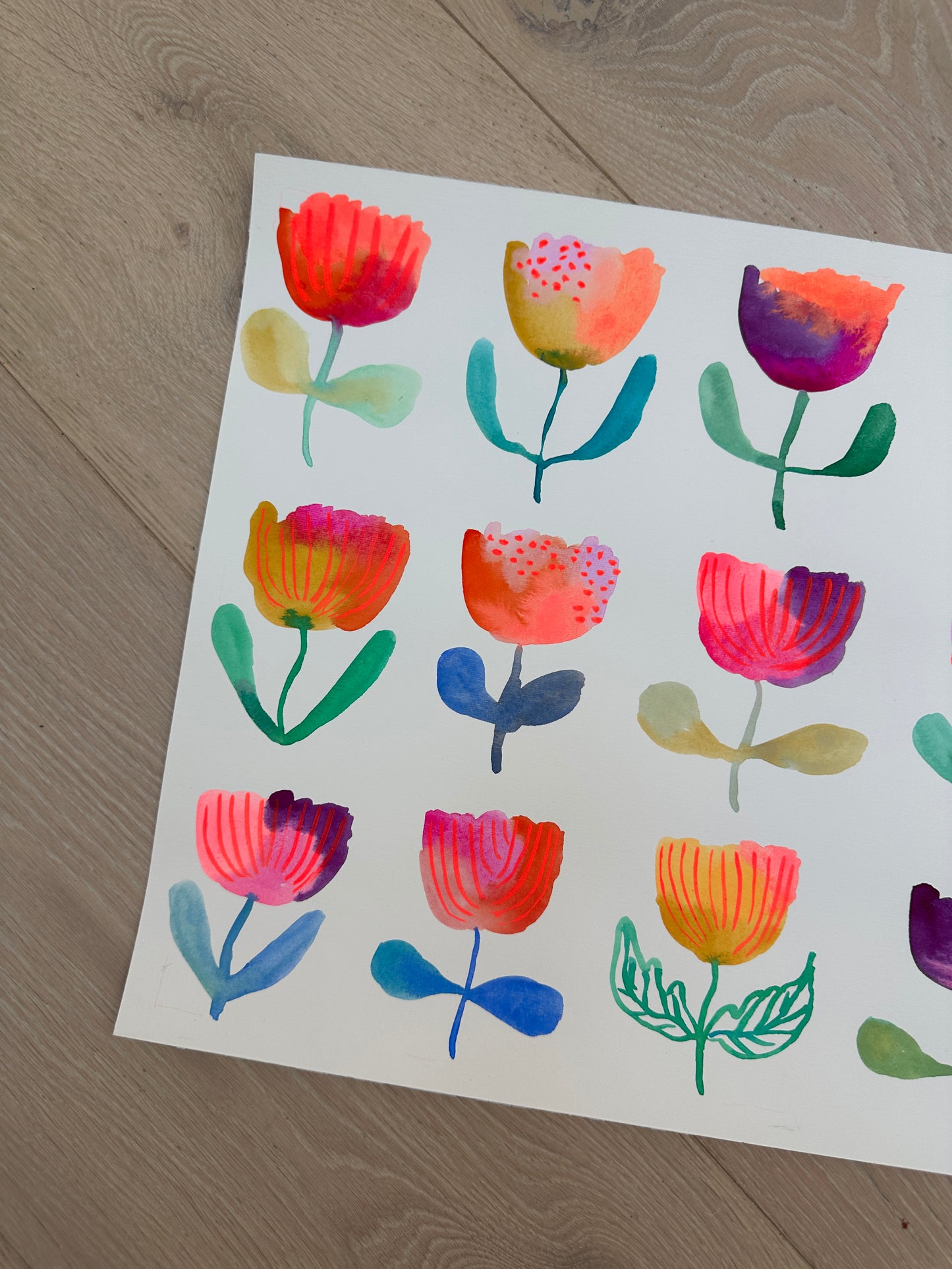 Flower grid original watercolor/gouache painting on paper 3