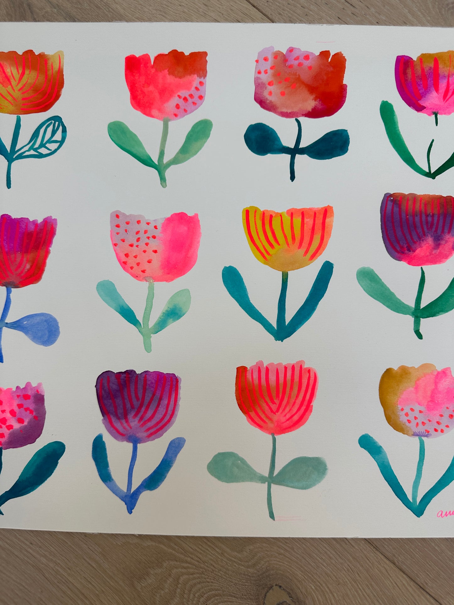 Flower grid original watercolor/gouache painting on paper 1