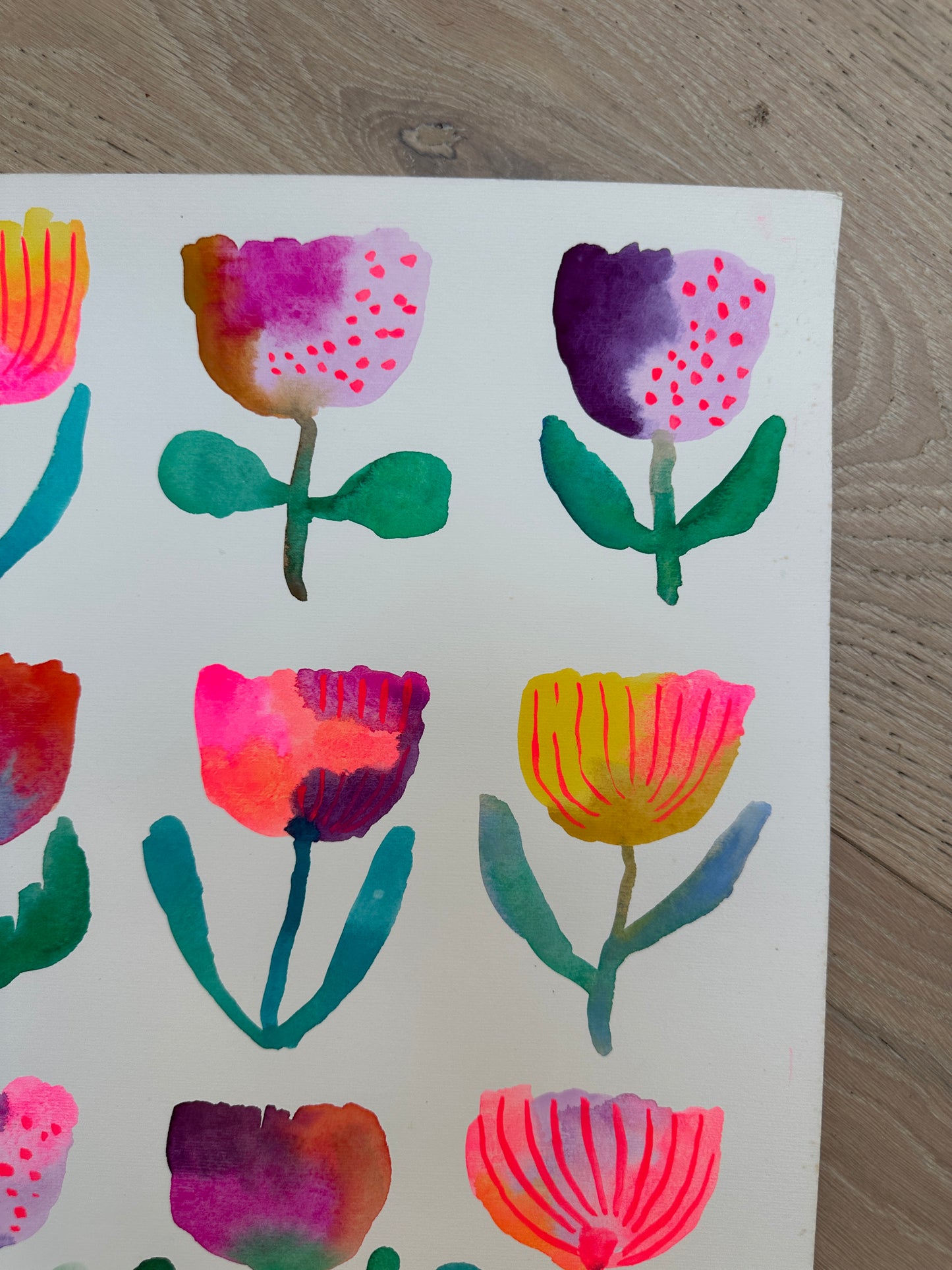 Flower grid original watercolor/gouache painting on paper 2