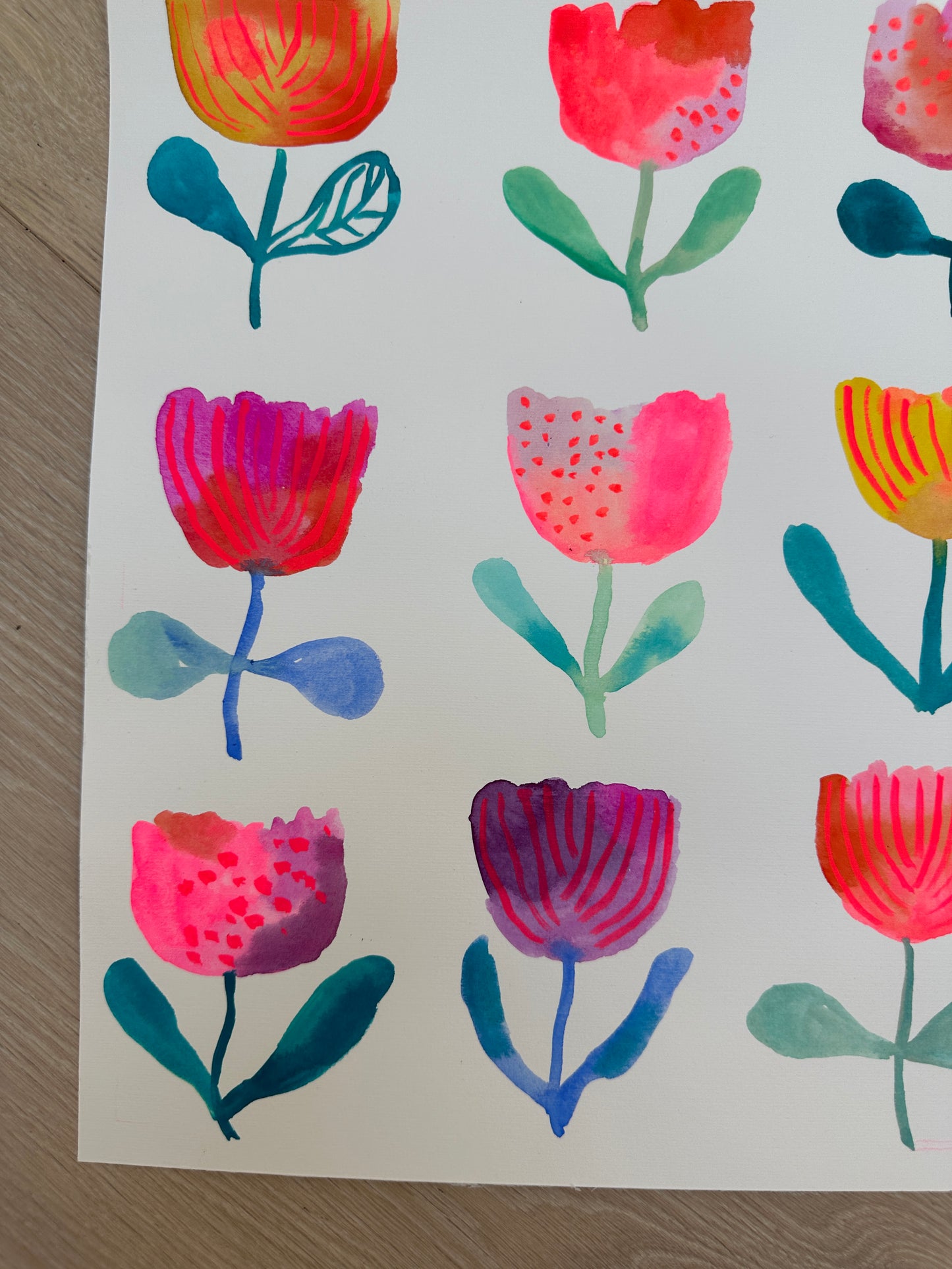 Flower grid original watercolor/gouache painting on paper 1