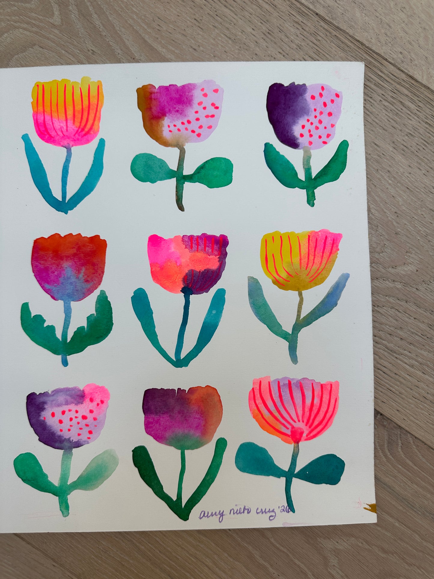 Flower grid original watercolor/gouache painting on paper 2