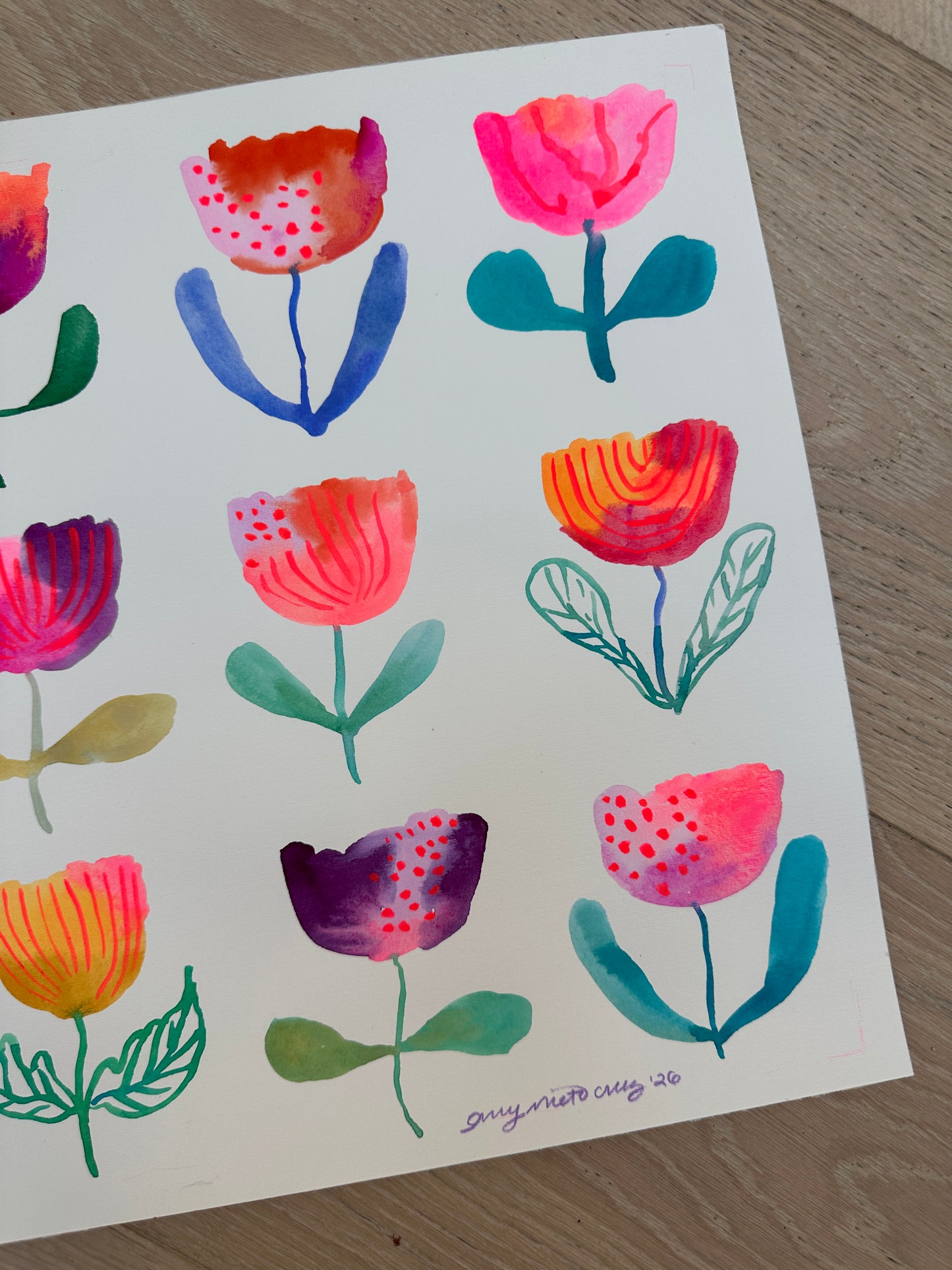 Flower grid original watercolor/gouache painting on paper 3