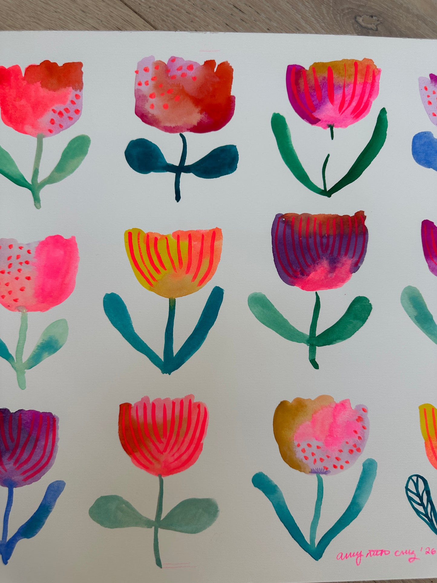 Flower grid original watercolor/gouache painting on paper 1