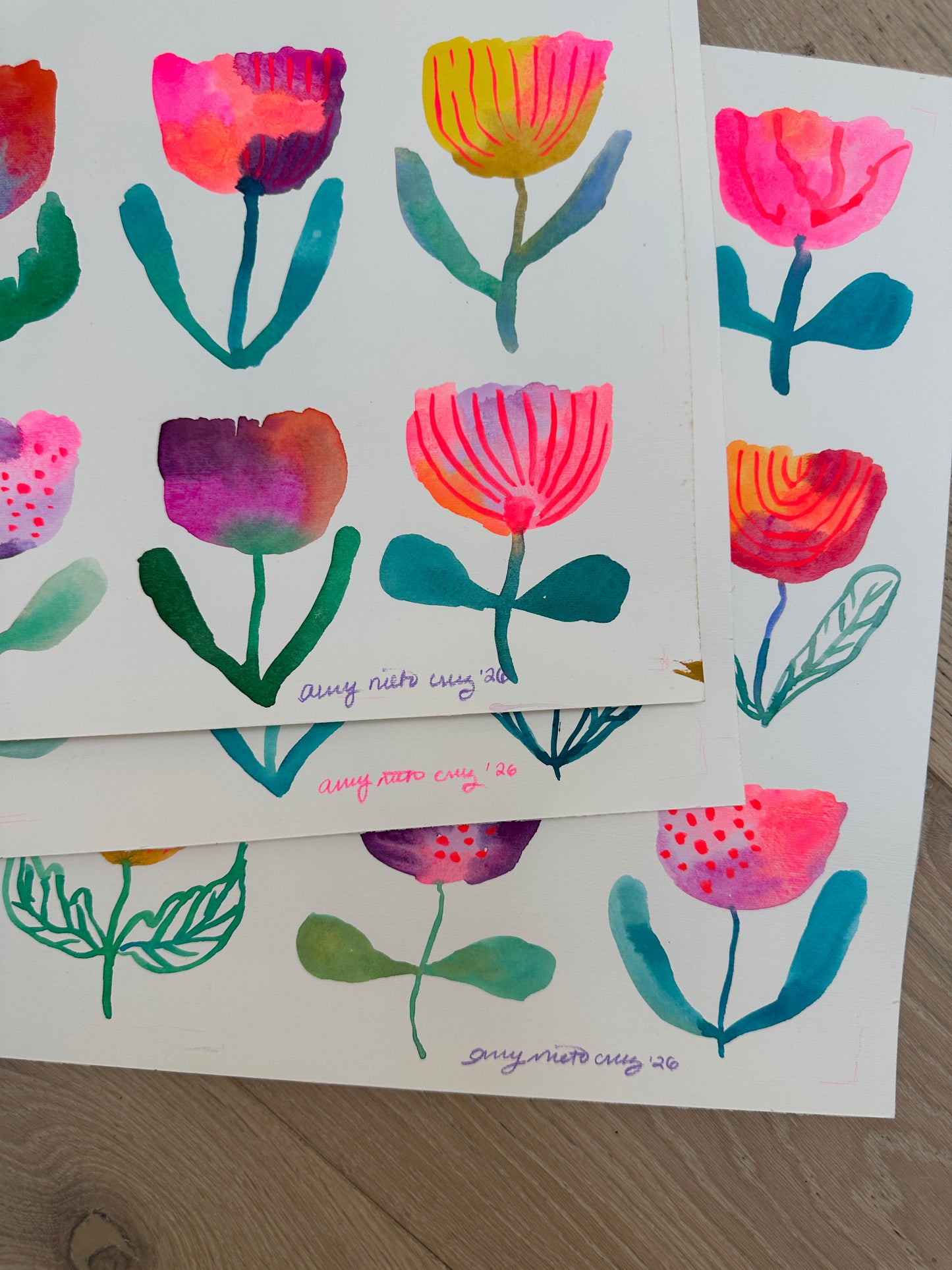 Flower grid original watercolor/gouache painting on paper 3