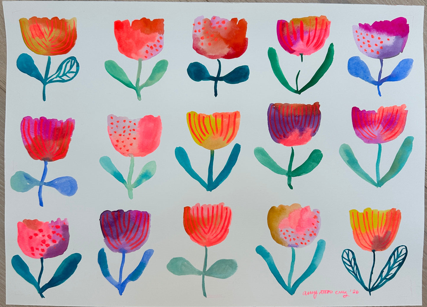Flower grid original watercolor/gouache painting on paper 1