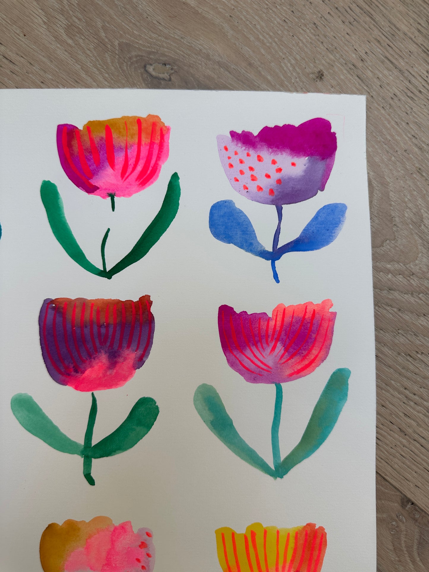 Flower grid original watercolor/gouache painting on paper 1