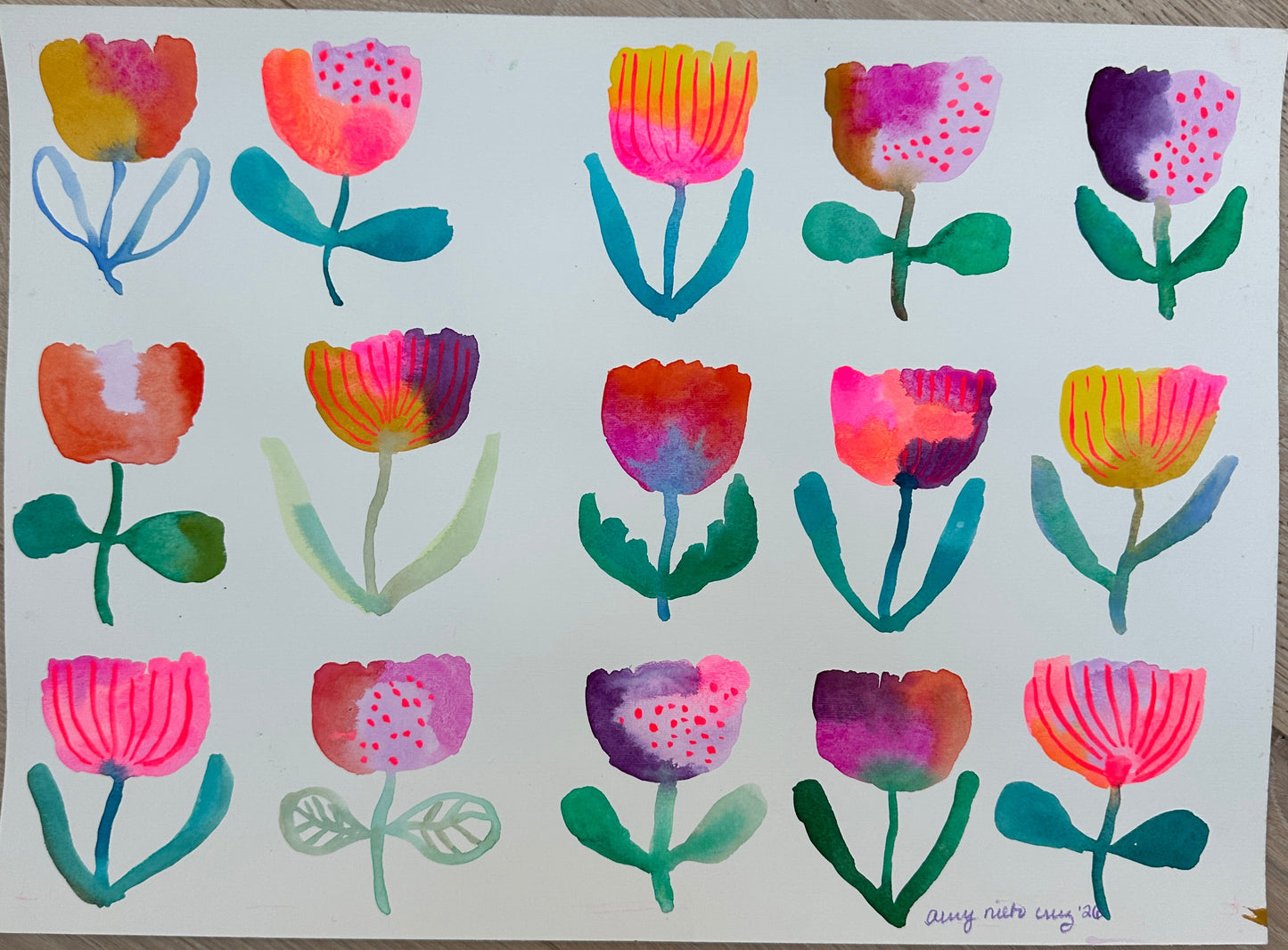 Flower grid original watercolor/gouache painting on paper 2