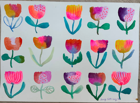 Flower grid original watercolor/gouache painting on paper 2