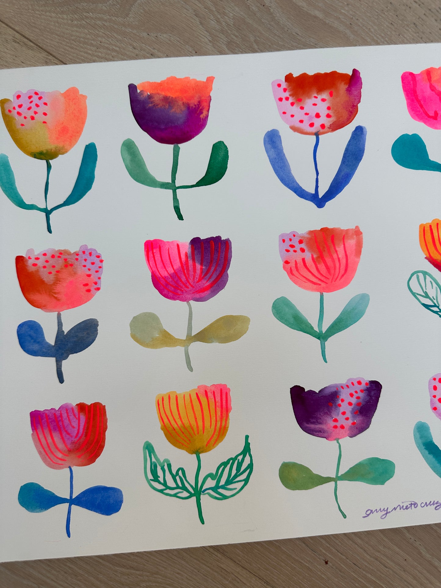 Flower grid original watercolor/gouache painting on paper 3